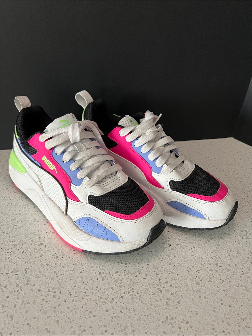 Puma White Sneakers with Pink, Blue & Neon Green Accents